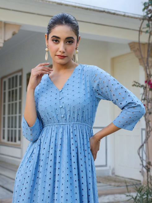 Janasya Women's Light Blue Pure Cotton Schiffli Fit & Flare Dress